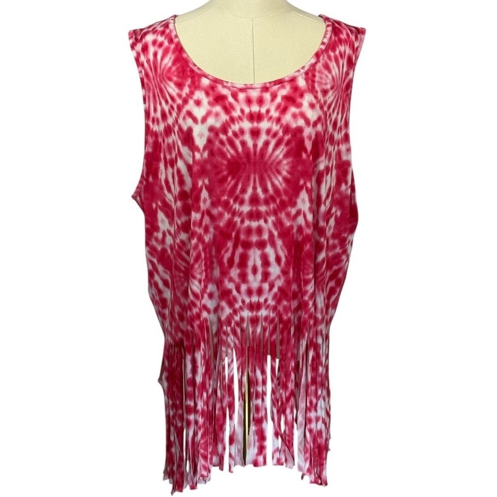 Gemstone Super Soft‎ Pink & White Tie Dye Pattern Tank Top w/ Fringe Bottom (3X)
